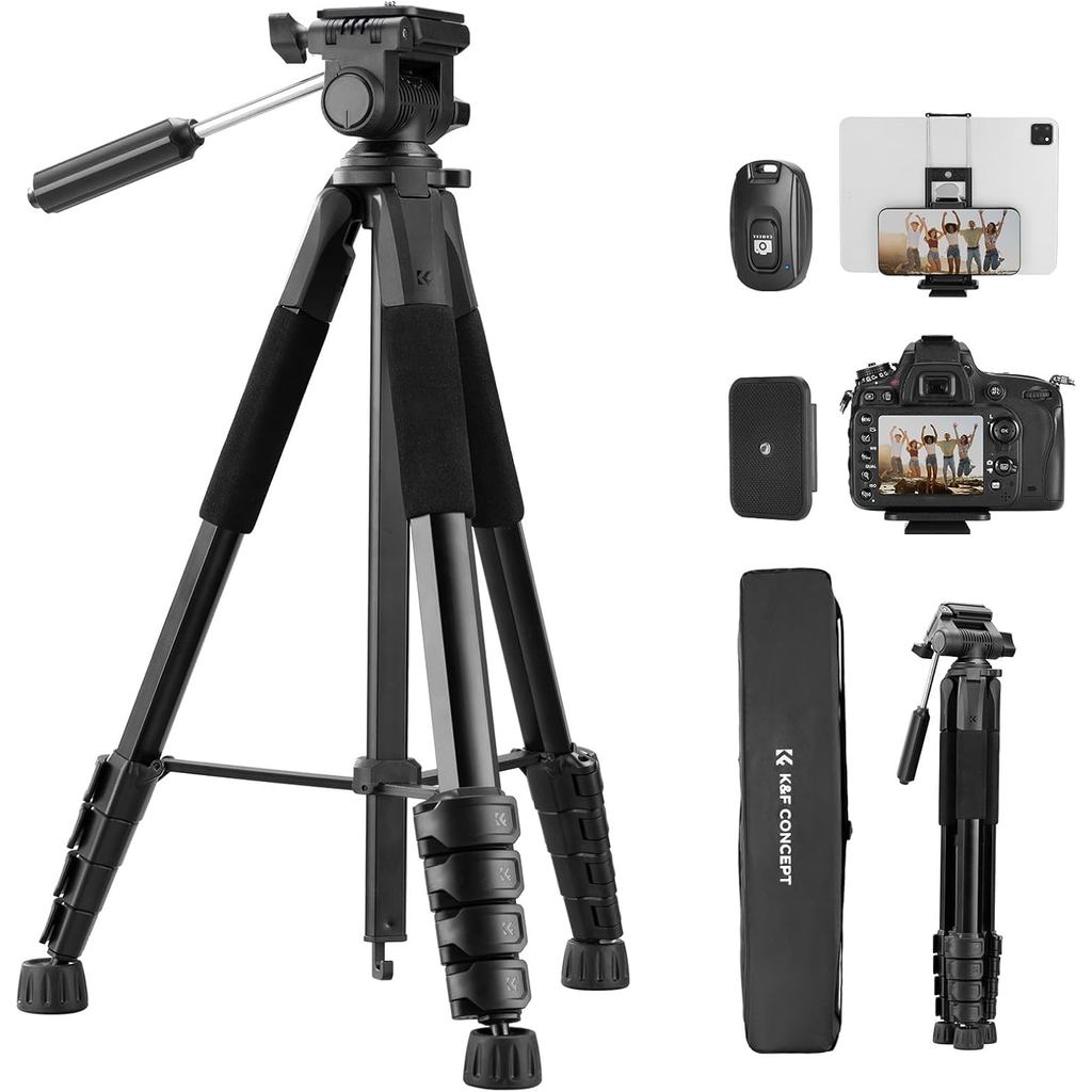 Tripé para Câmera K&F CONCEPT, Tripé Leve e Portátil de 75" para Viagens e Uso Externo, para Câmeras DSLR e Gravação de