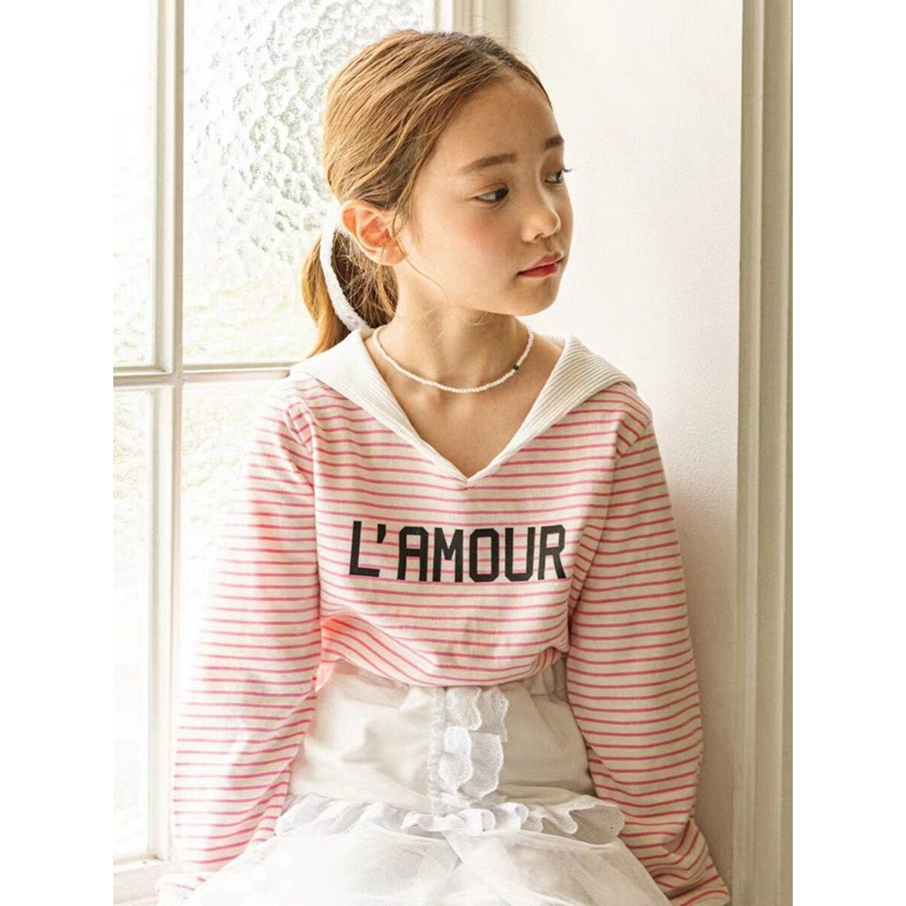 Meninas camiseta coreano roupas infantis BerryBerry2021 outono grandes crianças listradas letras gola marinha Casual man