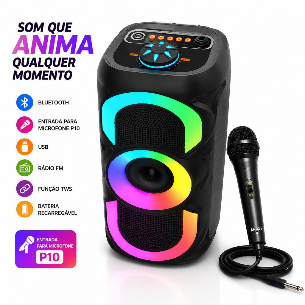 Caixa de Som Bluetooth RGB com Entrada para Microfone USB FM TWS Portátil para Karaokê
