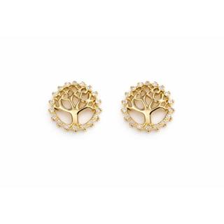 brinco árvore da vida redondo cravejado strass banhado ouro 18k