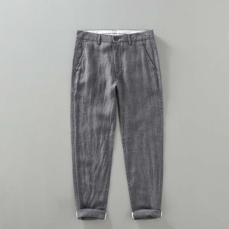 Calças de linho tingidas de fio masculinas primavera verão novo estilo calças Retro respirável puro linho calças casuais