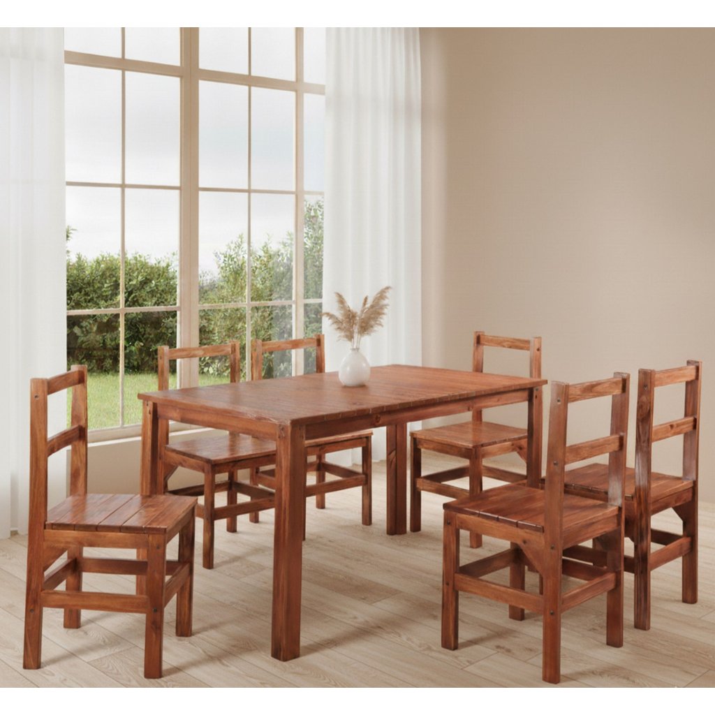 Conjunto Sala de Jantar 1 Mesa Tampo Madeira Maciça Quadrado 6 Cadeiras Marrom/Mogano Mogano
