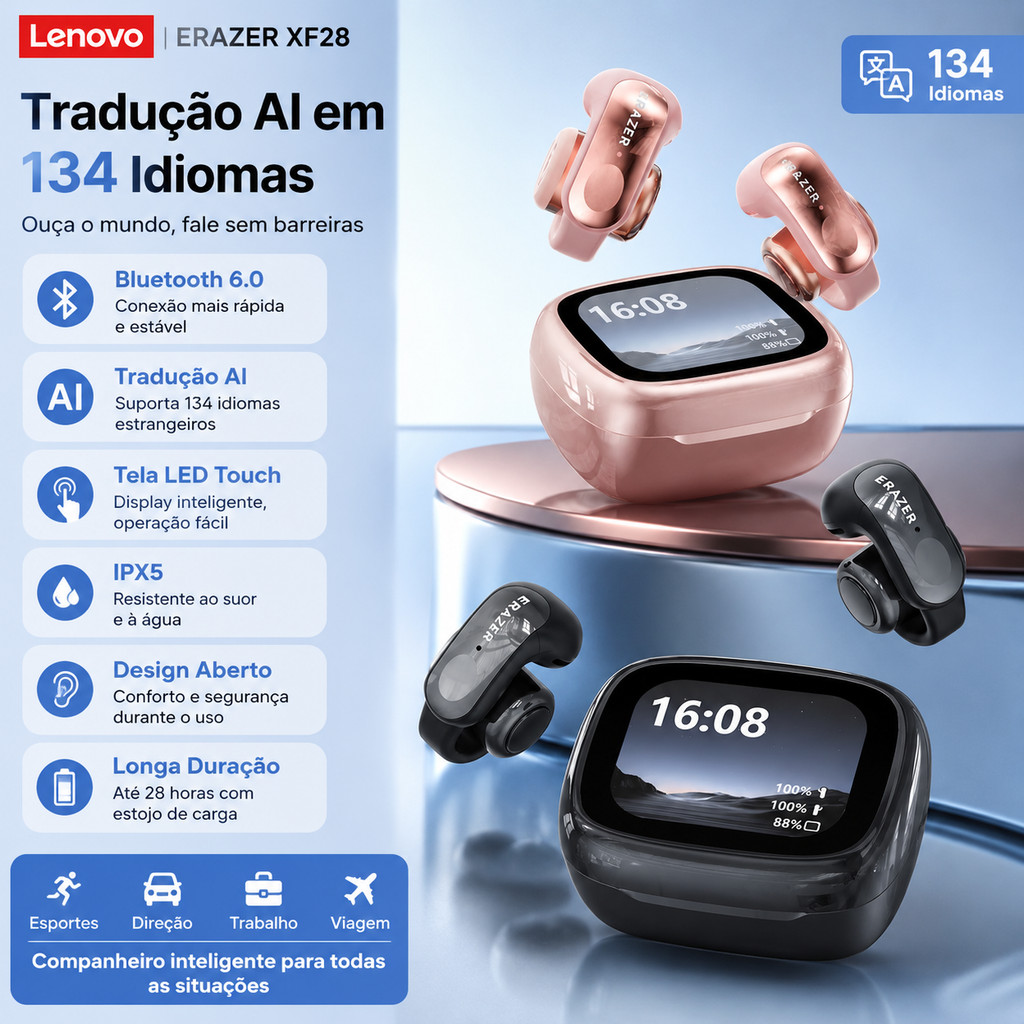 Lenovo ERAZER XF28 True Wireless Bluetooth Headset V6.0, função de tradução de suporte OWS TWS LED Touch Screen, fone de