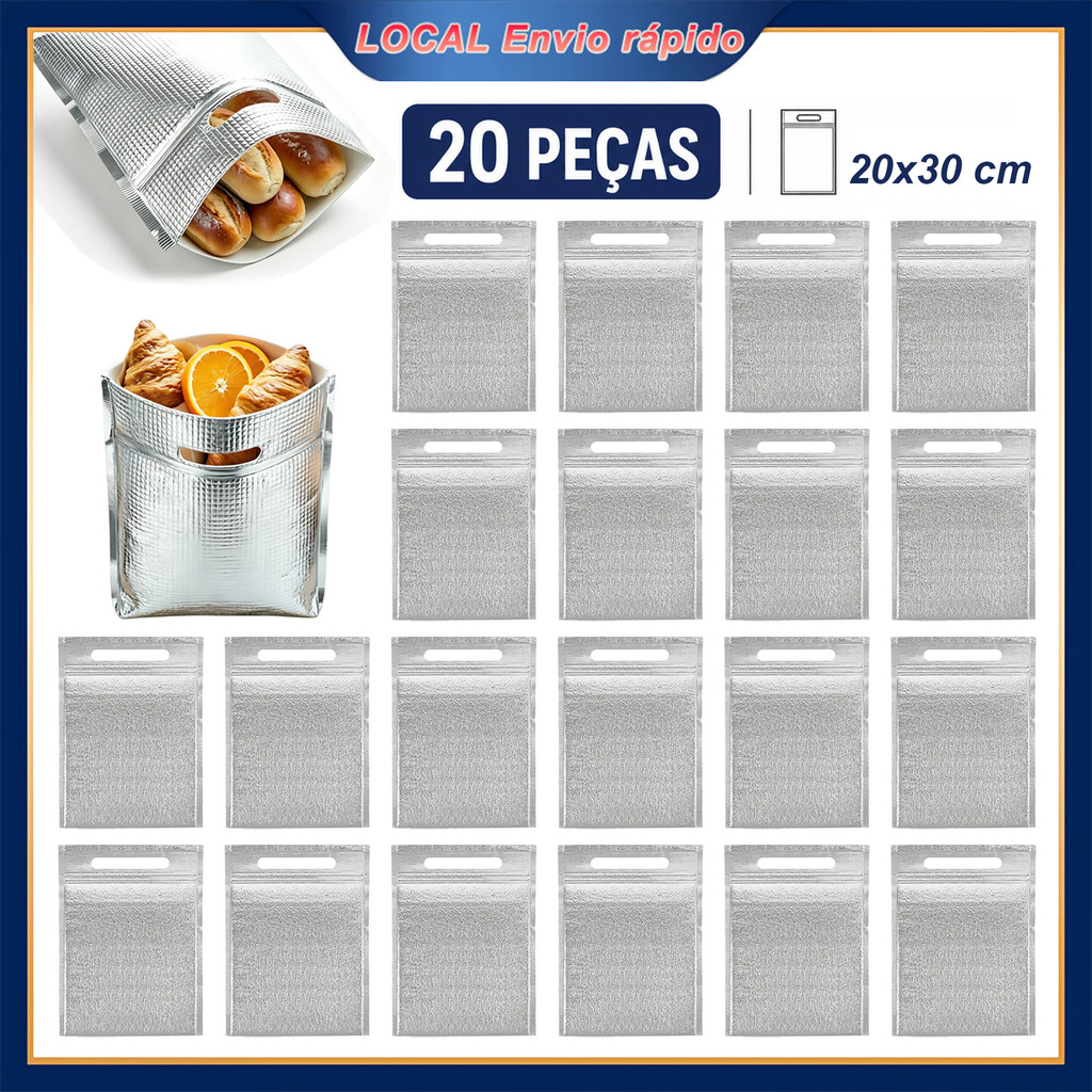 Embalagem Térmica de Alumínio 20 Unid, 20x30cm com Zíper e Alça para Comidas, Frutas e Bebidas