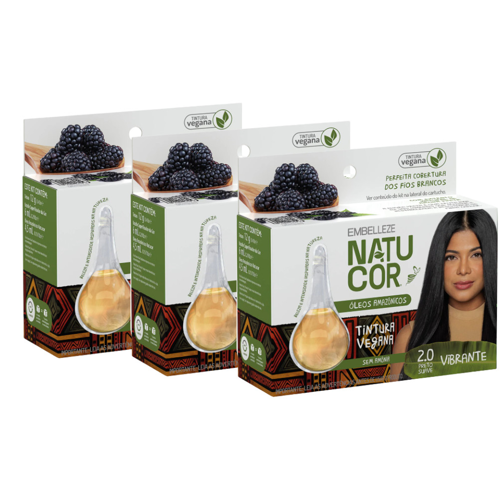 Kit 3 Tinta de Cabelo Natucor Óleos Amazônicos Preto Suave 2.0