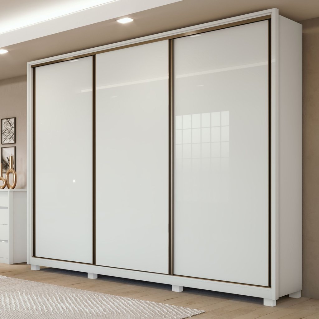 Guarda-Roupa Casal 3 Portas de Correr 6 Gavetas com Pés MDF 270cm Spazio Yescasa Branco Branco