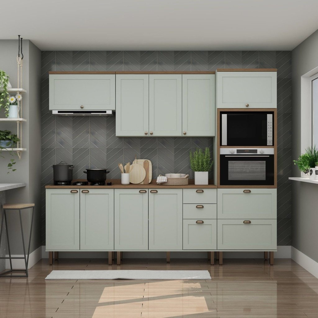 Cozinha Completa Modulada Americana 5 Peças com Portas 4 Gavetas Verde/Mint/Ébano Fosco Verde Mint/Ébano Fosco