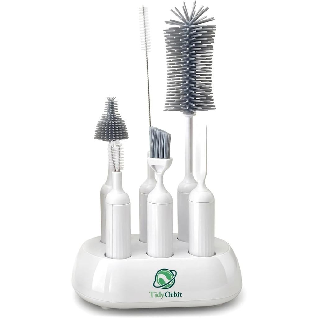 Conjunto de Escovas para Garrafas 6 em 1 com Suporte – Kit de Limpeza Multiuso para Garrafas de Bebê, Garrafas de Água R
