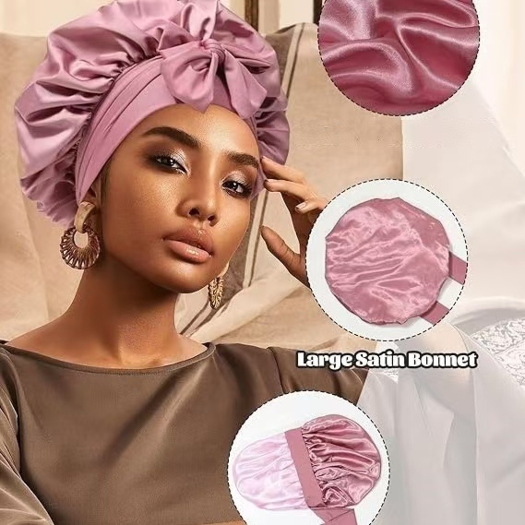 Touca de Cetim com Faixa Larga  Dupla Camada com Laço Reduz Frizz Tamanho Grande