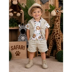 Conjunto Menino Safari 3 Peças Fazendinha Selva Infantil Blogueirinho Colete com Bermuda Brim e Camisa Luxo Estiloso