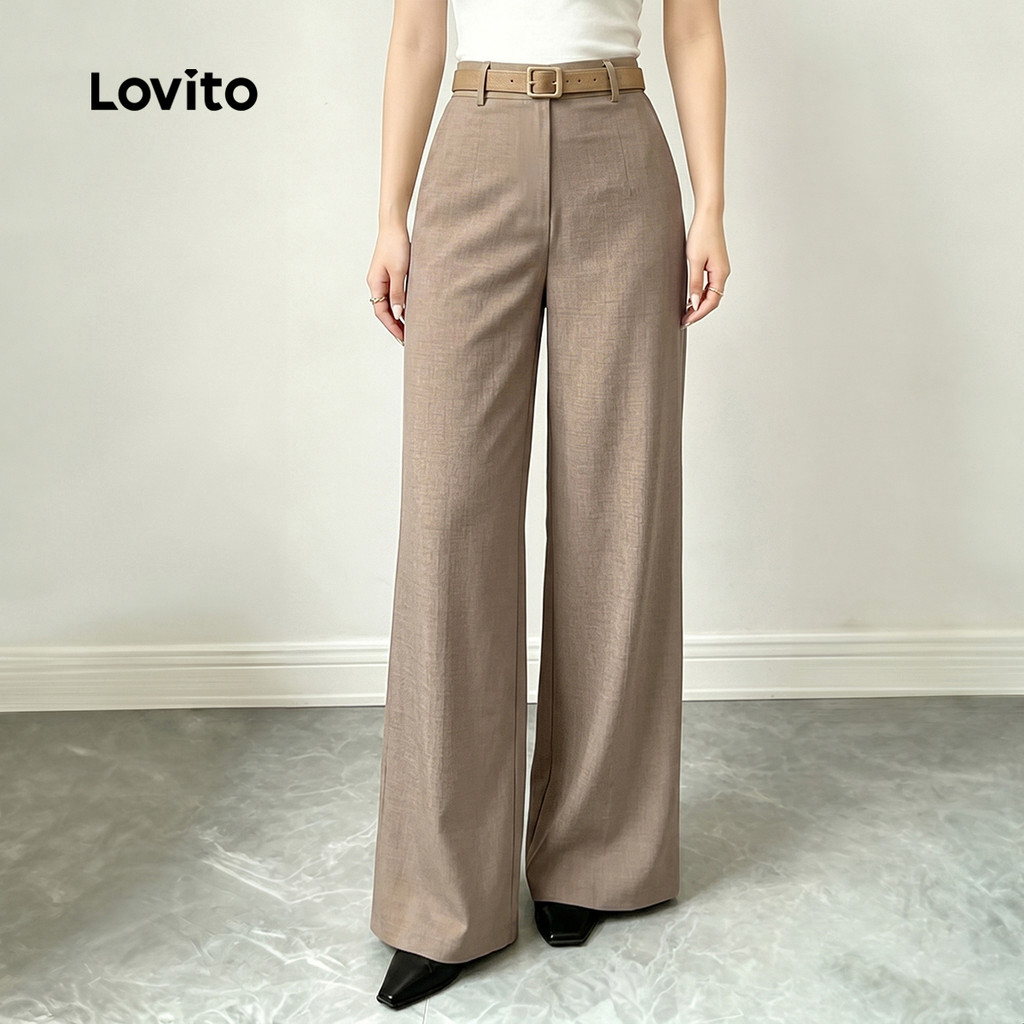 Lovito Calças Elegantes Minimalistas de Primavera/verão em Cáqui para mulheres L199ED670 · foto 2