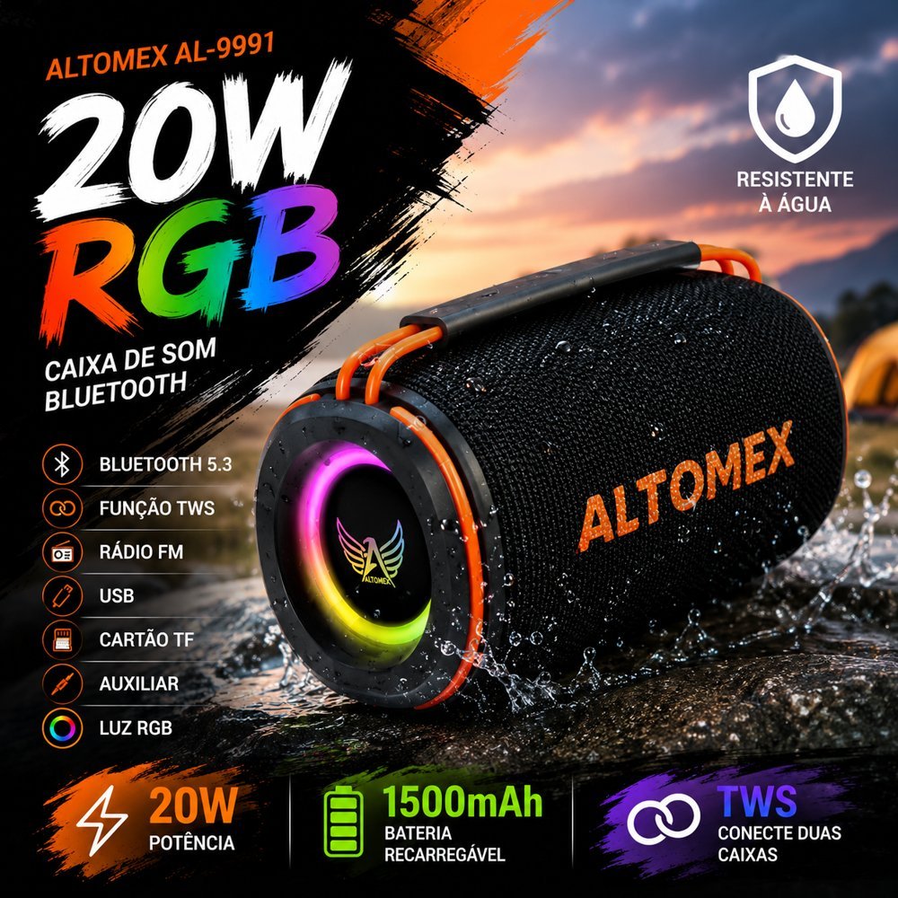 Caixa de Som Bluetooth 20W Altomex AL-9991 RGB TWS FM USB Cartão TF Portátil Resistente à Água