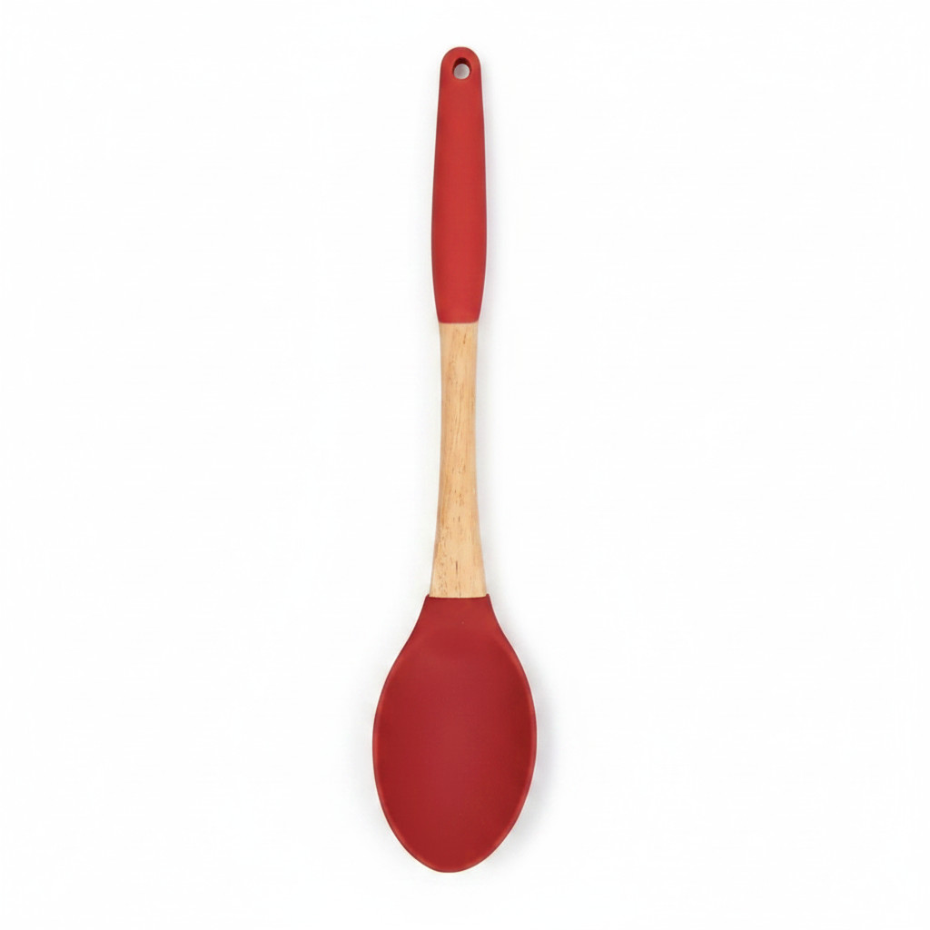Colher de Cozinha em Silicone e Cabo de Madeira 32cm Antiaderente Livre de BPA Utensílio Culinário