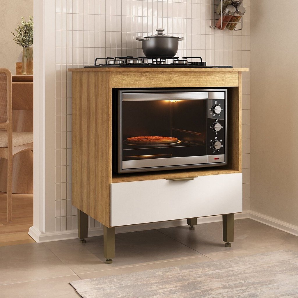 Balcão para Cooktop e Forno 70cm com Gaveta Marrom/Lâmina Mel/Branco Lamina Mel/Branco