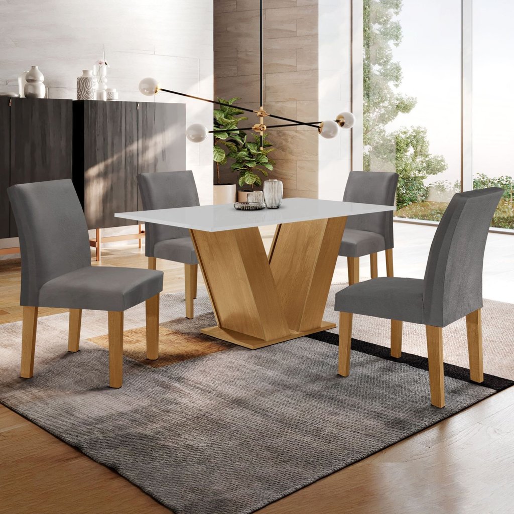 Conjunto Sala de Jantar Mesa 120x80cm Tampo MDF com 4 Cadeiras Espanha Yescasa Ypê/Off White/Suede Cinza