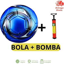 Kit Bola de Futebol Couro Sintético Campo Costurada + Bomba de Ar Manual Portátil, Sempre Preparado
