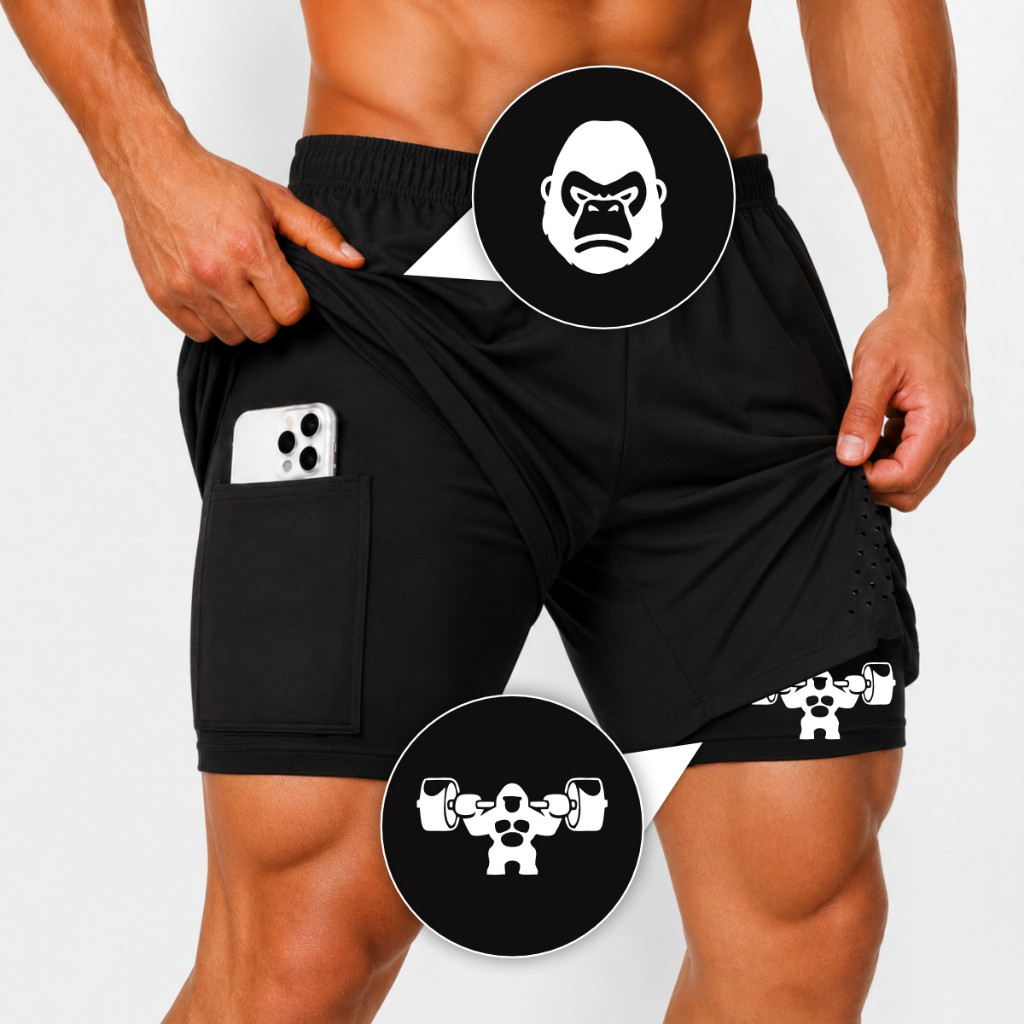 Bermuda Short Compressão Elastano  2 em 1 a Laser KONG  Masculino Academia Treino Fitness Maromba Corrida