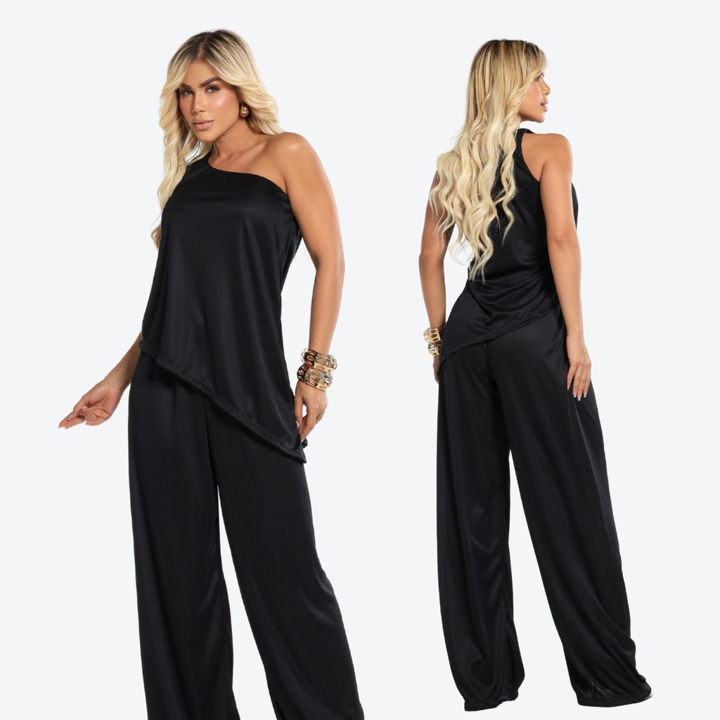 Conjunto Feminino Blusa Assimétrica e Calça Pantalona Top Avulso Bojo Removível Tecido Moda Blogueira