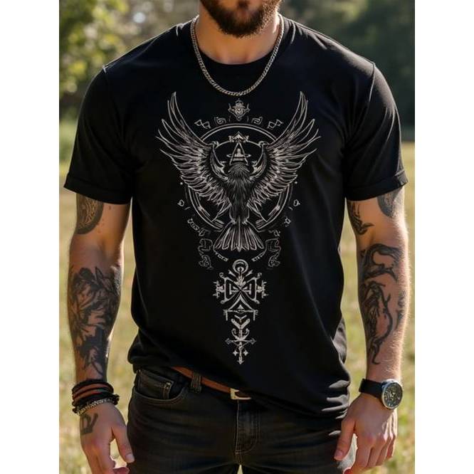 Camiseta Masculina Vikingo Nórdico Águia Runa Leve Respirável Confortável Estilosa Tendência