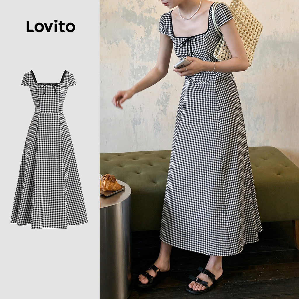 Lovito Casual Vestido Com Contraste E Amarração Primavera/verão Vestido Preto E Branco Para Mulheres Bordado L138AD873