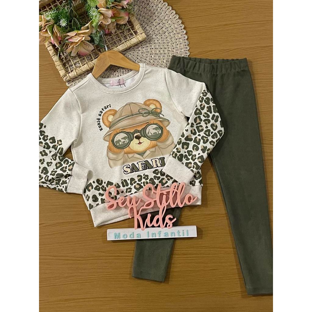Conjunto Infantil Kukiê Inverno Legging Verde e Moletom sem Flanela Ursinha Safari