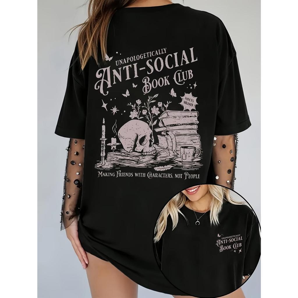Camiseta Feminina Streetwear Algodão Penteado Adulto Plus Size Estampa Anti Social Book Club