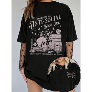 Camiseta Feminina Streetwear Algodão Penteado Adulto Plus Size Estampa Anti Social Book Club