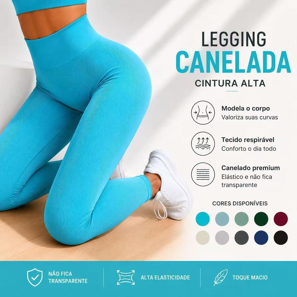 Calça Legging Canelada Premium de Cintura Alta Sem Costura Academia Feminina Elástica e Fitness