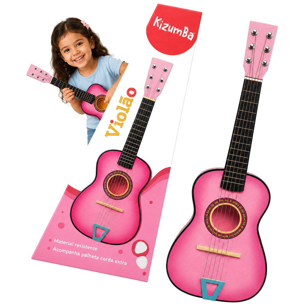 Mini Violão Semi Profissional Para Crianças Infantil Corda Em Aço Acústico Instrumento Menina Musical Kizumba Cor Rosa