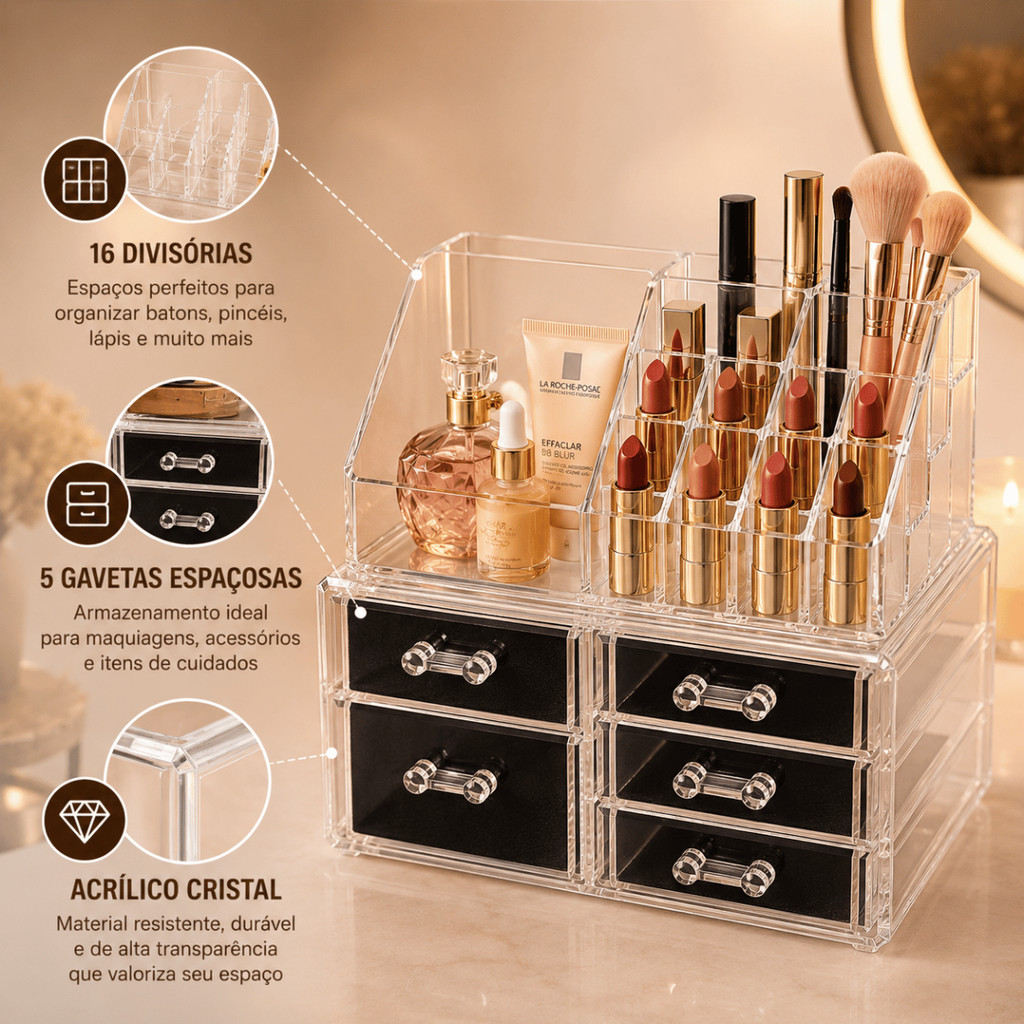 Organizador de Maquiagem Acrílico 5 Gavetas 16 Divisórias Porta Cosméticos Pincéis e Skincare