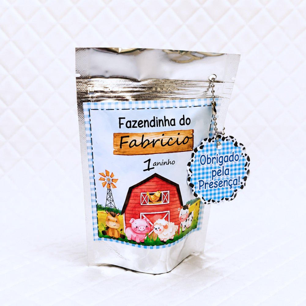 Saquinho Metalizado Zip Lock 10x15 ou 12x19 cm personalizado para lembrancinha aniversário FAZENDINHA AZUL