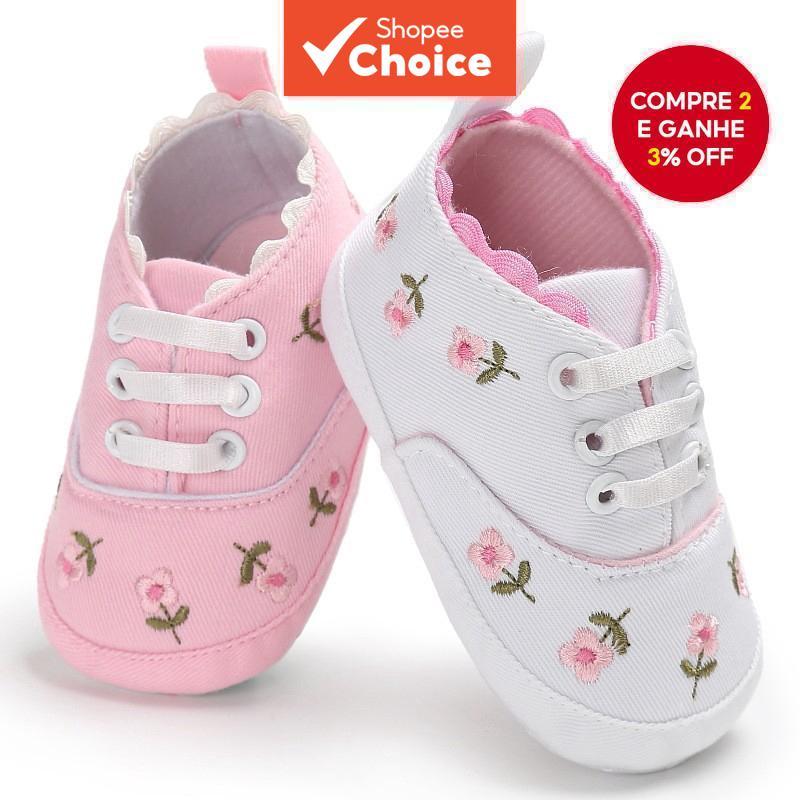 Bebê Meninas Floral Bordado Tênis 0-18 Meses Sola Macia Lona Primeiros Caminhantes Sapatos Infantis
