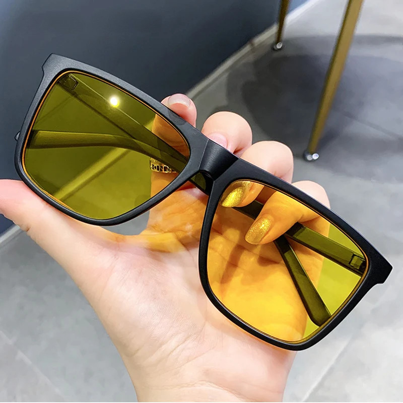 Óculos de sol quadrados para homem, óculos de sol com armação grande, óculos de sol femininos, lentes amarelas, óculos d