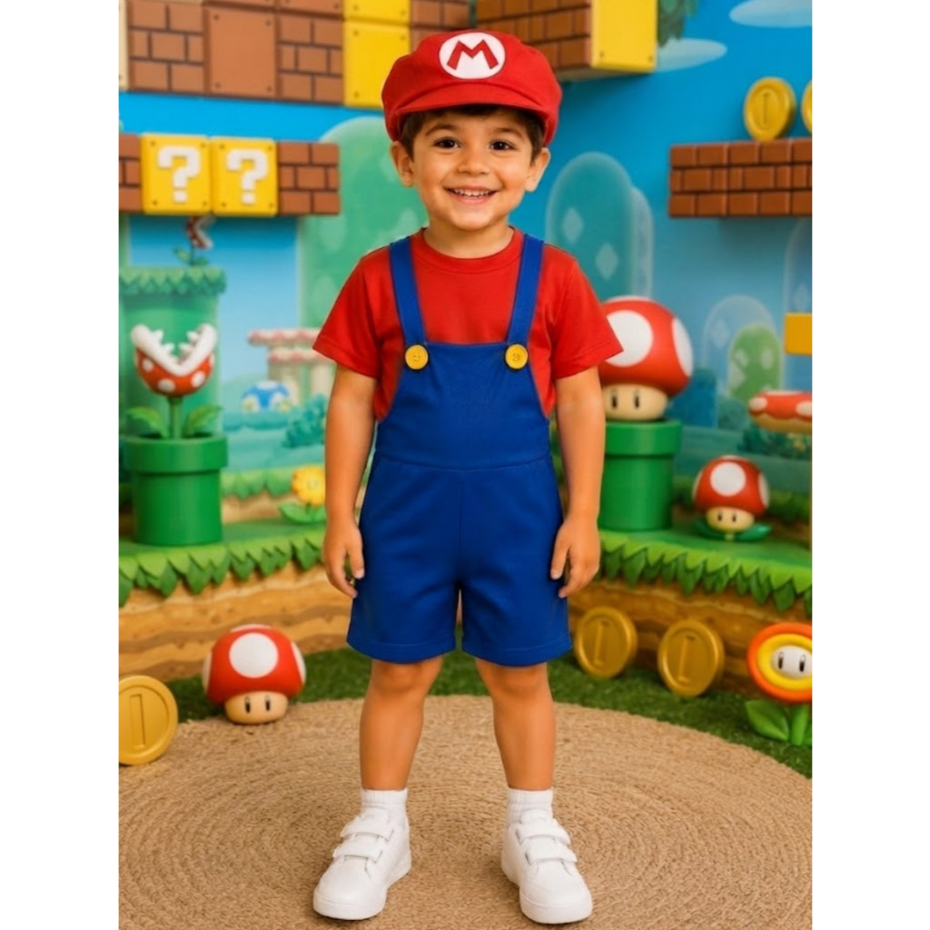 Fantasia Infantil Mario Bros Acompanha Jardineira Camiseta e Boina Roupa Leve e Confortável Meninos Conjunto Diversão