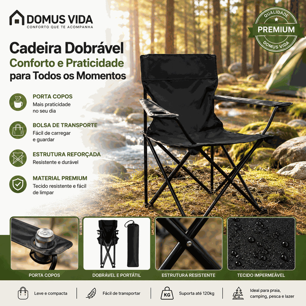 Cadeira Portátil Dobrável Reforçada com Porta-Copos e Bolsa para Praia e Camping