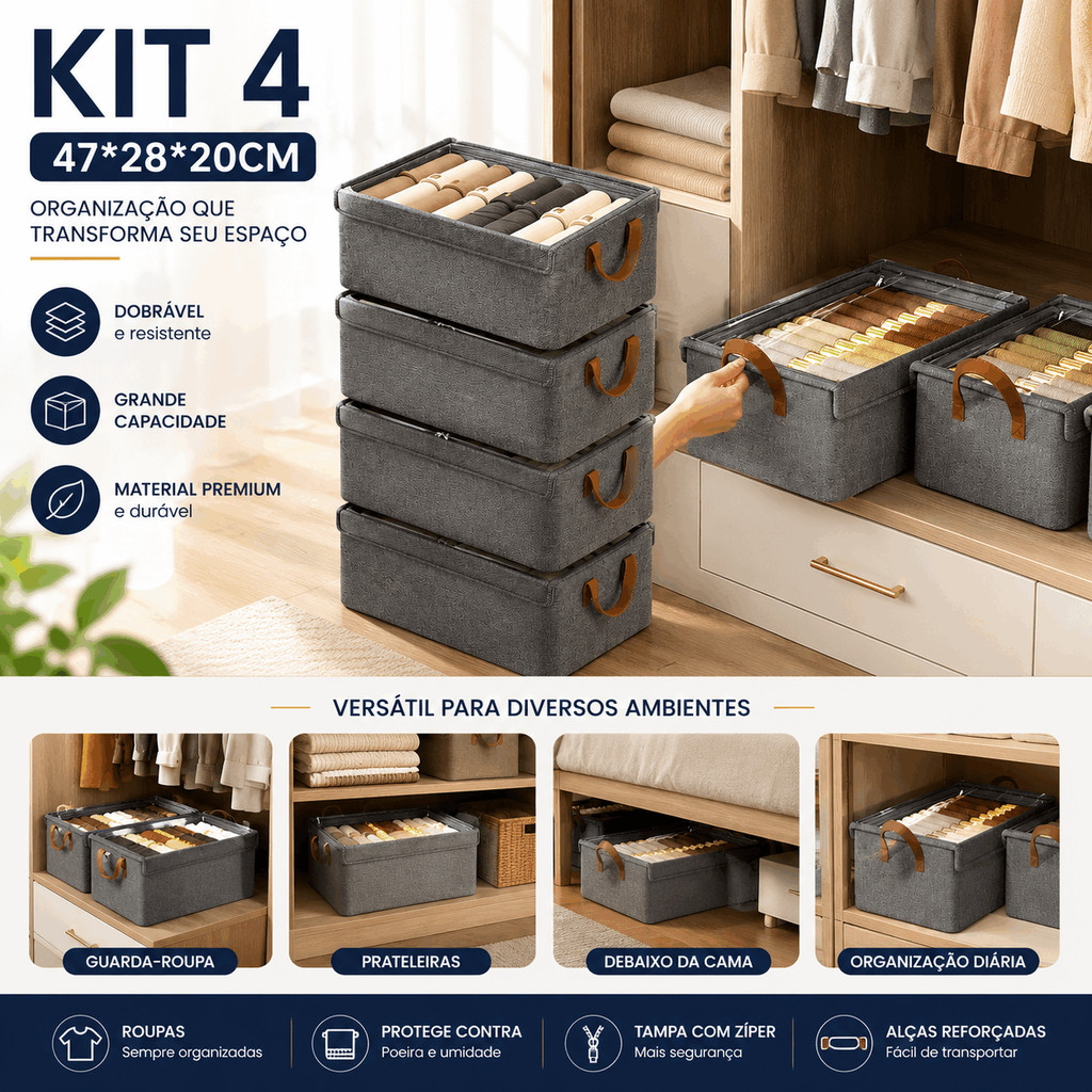 KIT 4 Caixa com Tampa de Armazenamento para Roupas, Brinquedos Infantis, Íntimas e Calças
