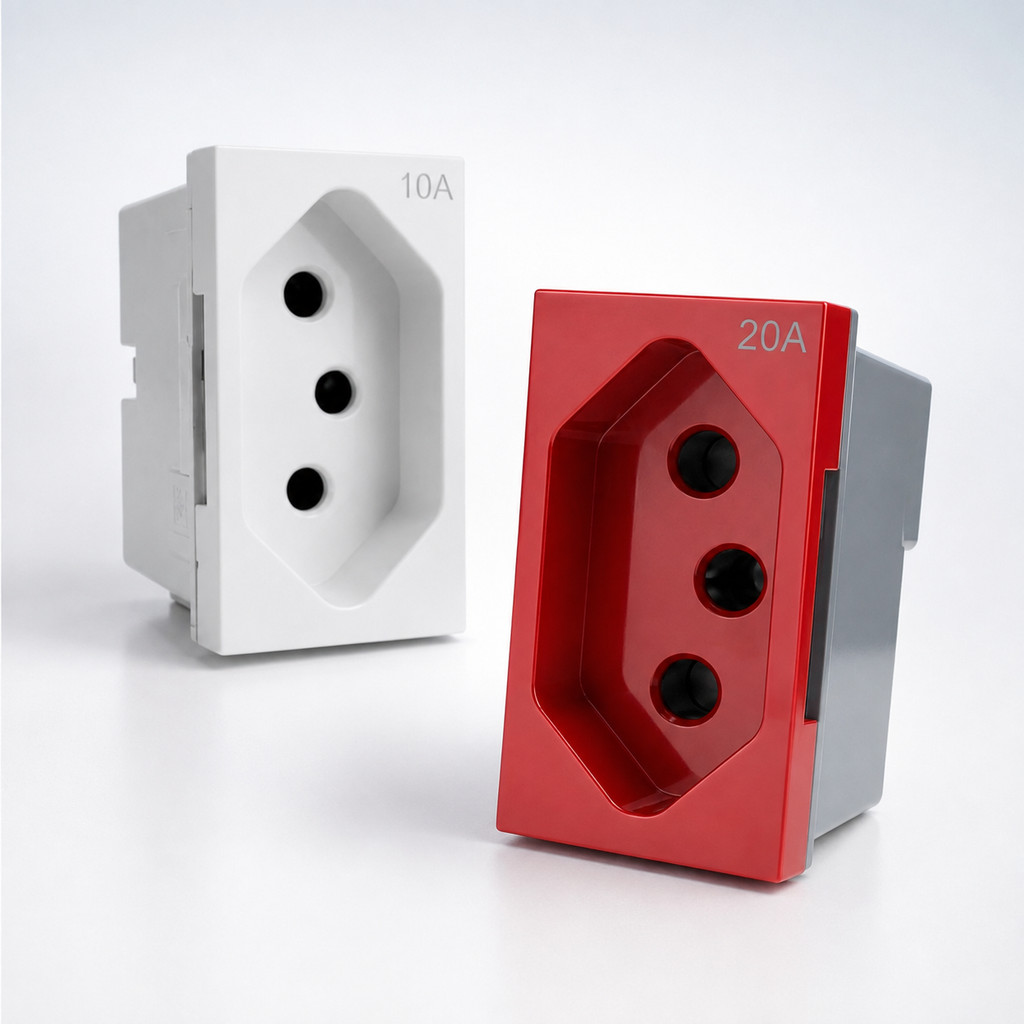 Tomada Modular 3 Pinos 2P+T 10A ou 20A Bivolt de Embutir Padrão NBR 14136 Branca ou Vermelha