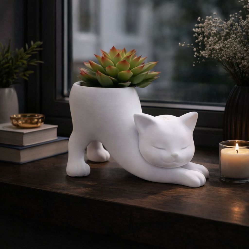Porta Vaso Decorativo Gatinho Alongando Porta Suculentas E Plantas Artificiais