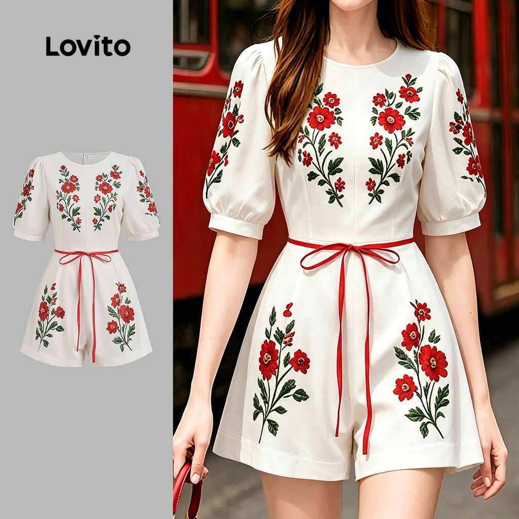 (New Arrival) Lovito Macacão Casual com Estampa Floral e Blocos de Cores para a