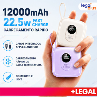 Carregador Portátil 12000mAh LED com Cabos Integrados, Compacto, Carga Rápida, Compatível com iPhone e Android