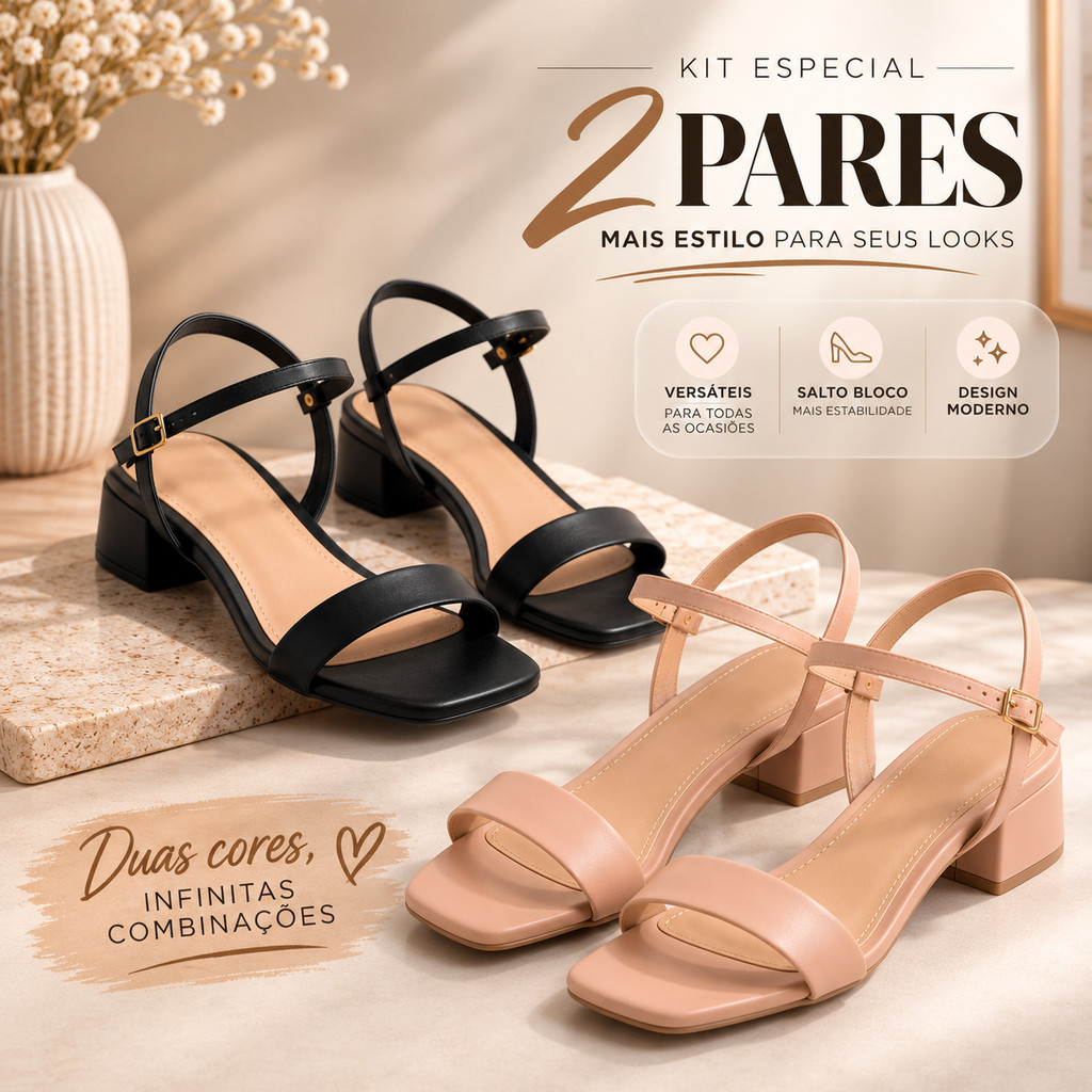 Kit 2 Pares de Sandália Feminina Salto Baixo Tiras Finas Bico Quadrado Confortável Casual Elegante