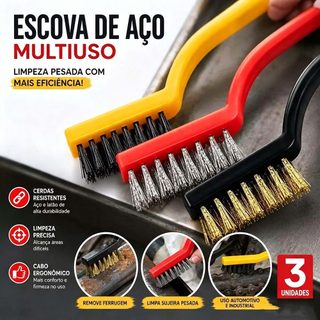 Kit Escovas de Aço Multiuso Aço Latão Nylon Cabo Plástico Limpeza Forno Grelha Fogão Churrasqueira