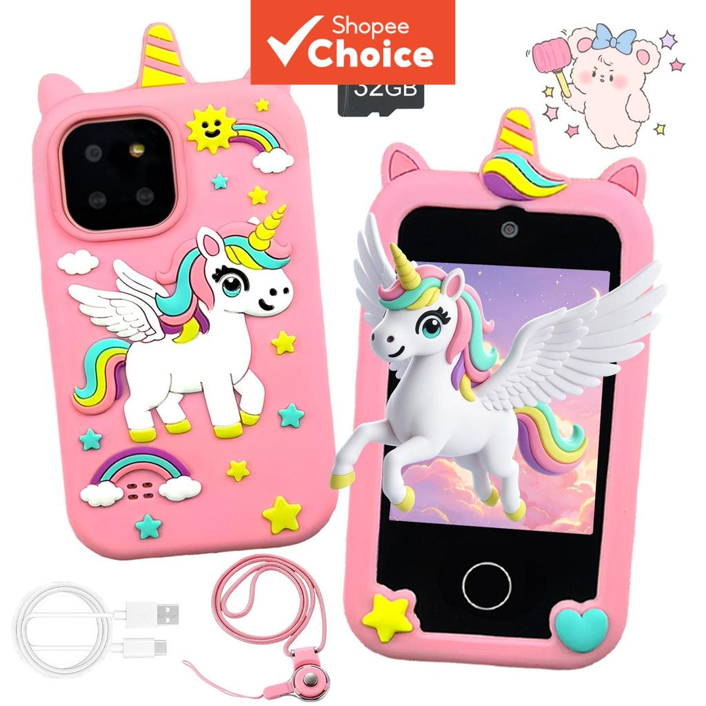Celular de brinquedo inteligente para crianças, com câmera dupla 32GB, capa de unicórnio, tela sensível ao toque