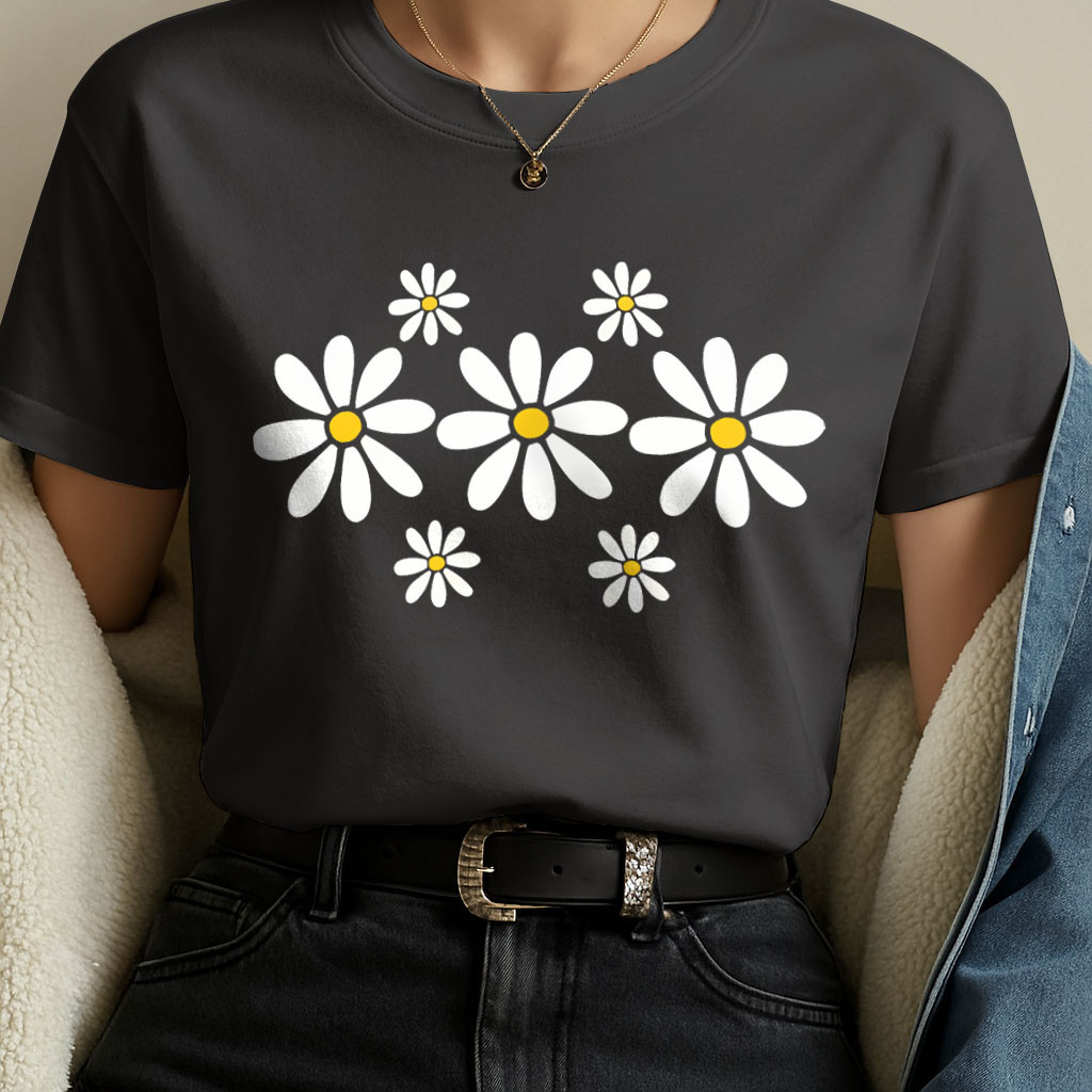 [Camiseta Premium em Algodão Puro]LA  T-Shirt Feminina Estampada Margaridas Confortável Para Look Casual e Estiloso