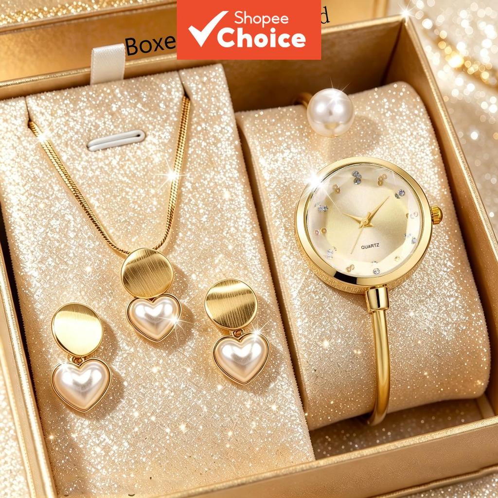 Elegante Pérola Feminino Relógio De Quartzo Pulseira Conjunto 4 Peças Colar Brincos Joias