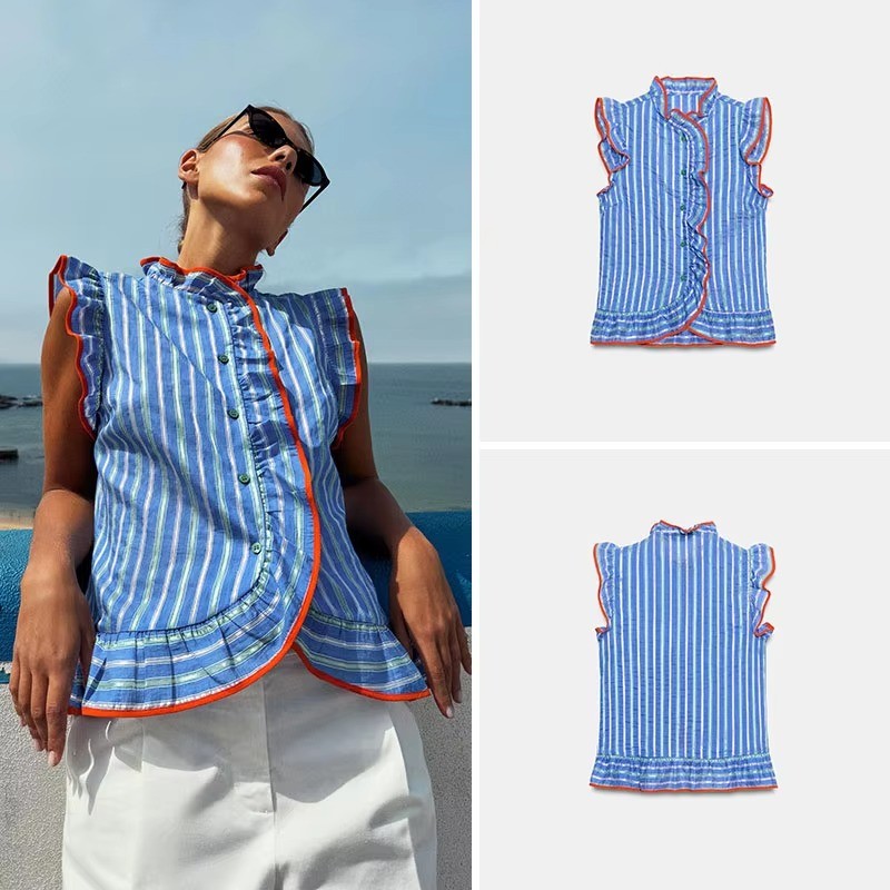 Verão Nova Camisa Feminina Decorativa Gola Alta Listra Em Camadas Topo Moda Estilo Chinês Roupas Femininas Sem Mangas