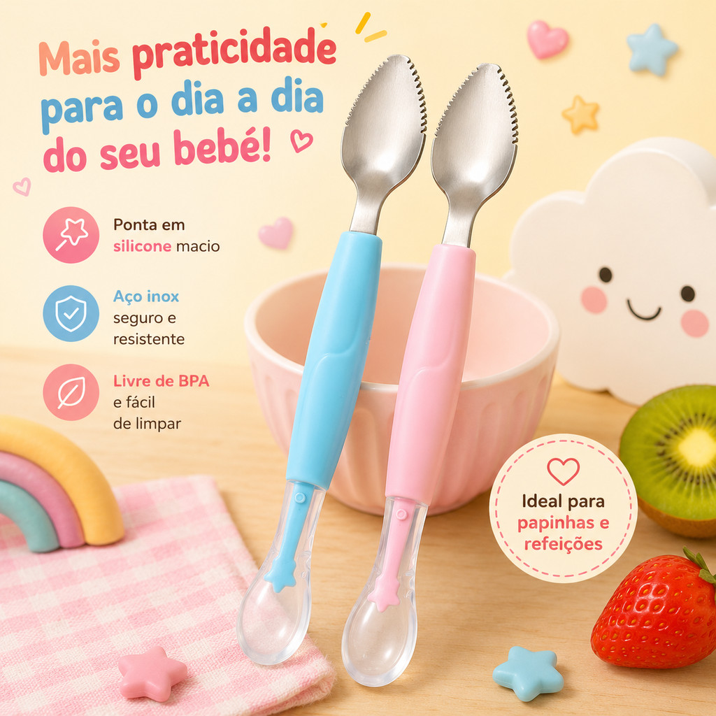 Colher Infantil 2 em 1 para Papinha com Ponta de Silicone e Aço Sem BPA Para Alimentação Do Bebê Frutas Case