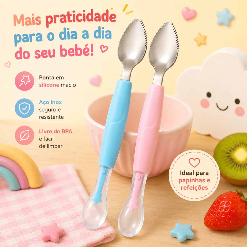Colher Infantil 2 em 1 para Papinha com Ponta de Silicone e Aço Sem BPA Para Alimentação Do Bebê Frutas Case