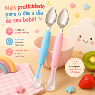Colher Infantil 2 em 1 para Papinha com Ponta de Silicone e Aço Sem BPA Para Alimentação Do Bebê Frutas Case