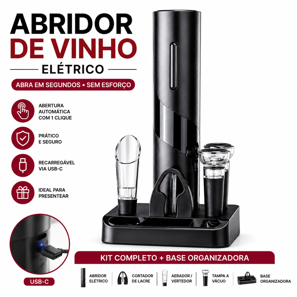 Abridor de Vinho Elétrico Kit Completo 6 em 1 com Base USB-C e Acessórios
